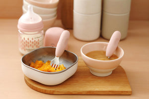 BEABA stainless steel pre-cutlery in use