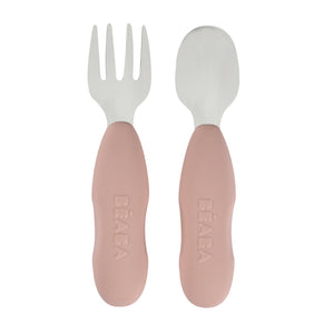 BEABA set of 2 stainless steel pre-cutlery in Cotton Candy pink