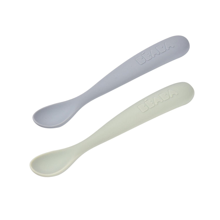 BEABA set of 2 first stage silicone spoons in pebble grey and misty green