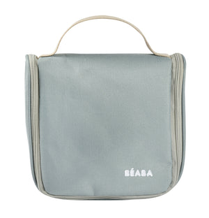 BEABA sage green hanging toiletry bag, closed