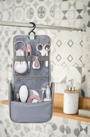 Beaba Baby Grooming Set (9 accessories) + Hanging Toiletry Pouch - Pink - lifestyle