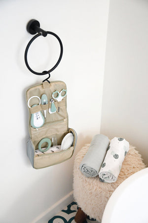 Beaba Baby Grooming Set (9 accessories) + Hanging Toiletry Pouch - Sage Green - lifestyle