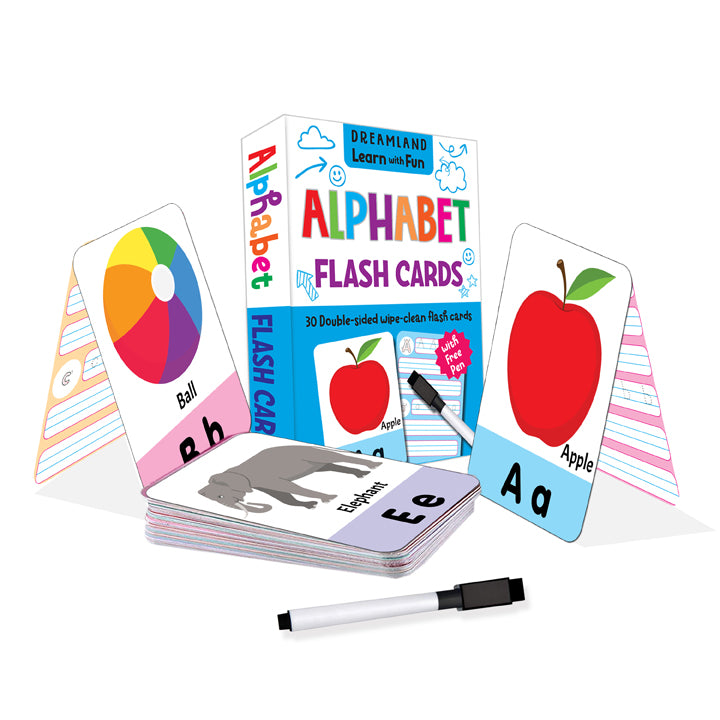 Dreamland Learn with Fun Alphabet Flash Cards box with sample cards and free pen