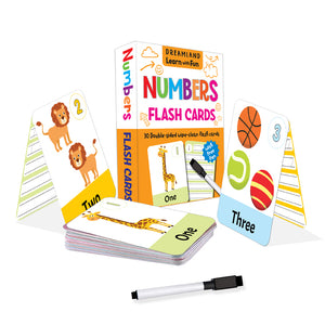 Dreamland Learn with Fun Numbers Flash Cards box with sample cards and free pen