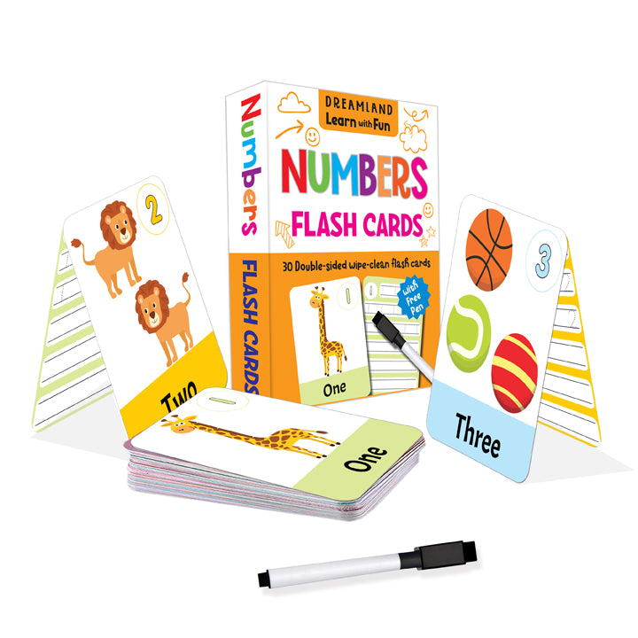 Dreamland Learn with Fun Numbers Flash Cards box with sample cards and free pen