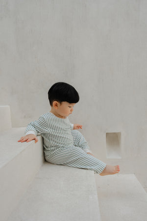 Hamako Tencel Kids Long Set in Striped Aqua — long-sleeve top and long pants