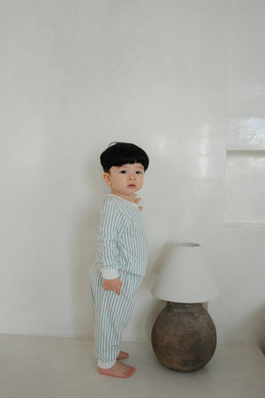 Hamako Tencel Kids Long Set in Striped Aqua — long-sleeve top and long pants