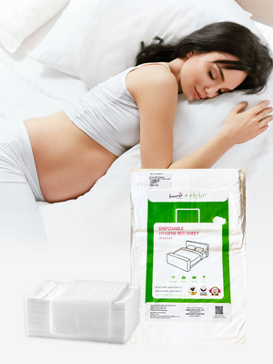 Bmama Disposable Hygiene Bed Sheet with Pillowcase, pack and retail packaging