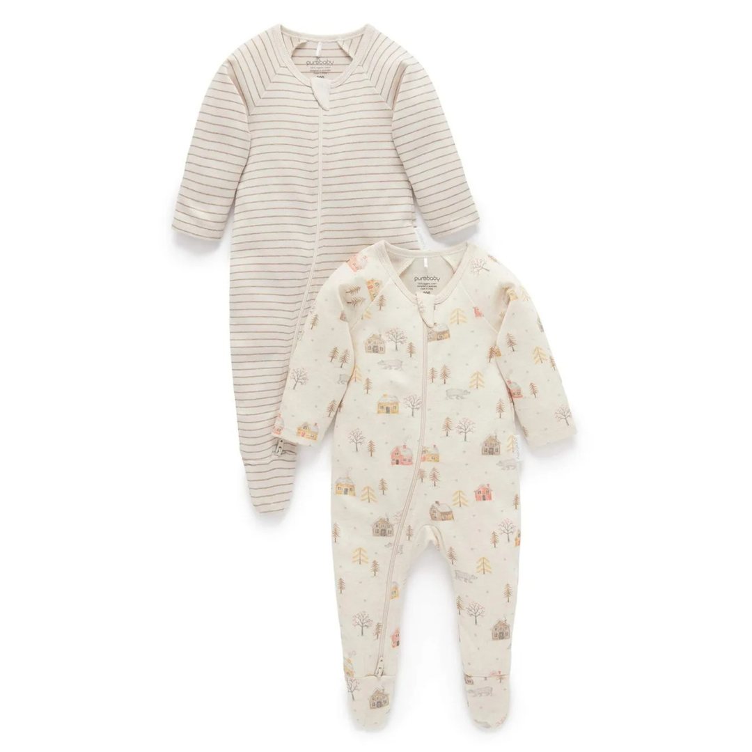 Purebaby 2 Pack Organic Zip Growsuit - Snowy Forest