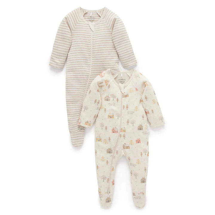 Purebaby 2 Pack Organic Zip Growsuit - Snowy Forest