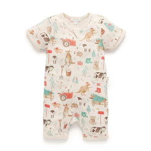 Purebaby Organic Short Sleeve Zip Growsuit - Farmyard Christmas