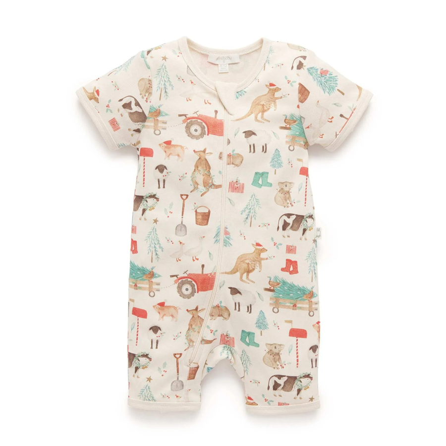Purebaby Organic Short Sleeve Zip Growsuit - Farmyard Christmas