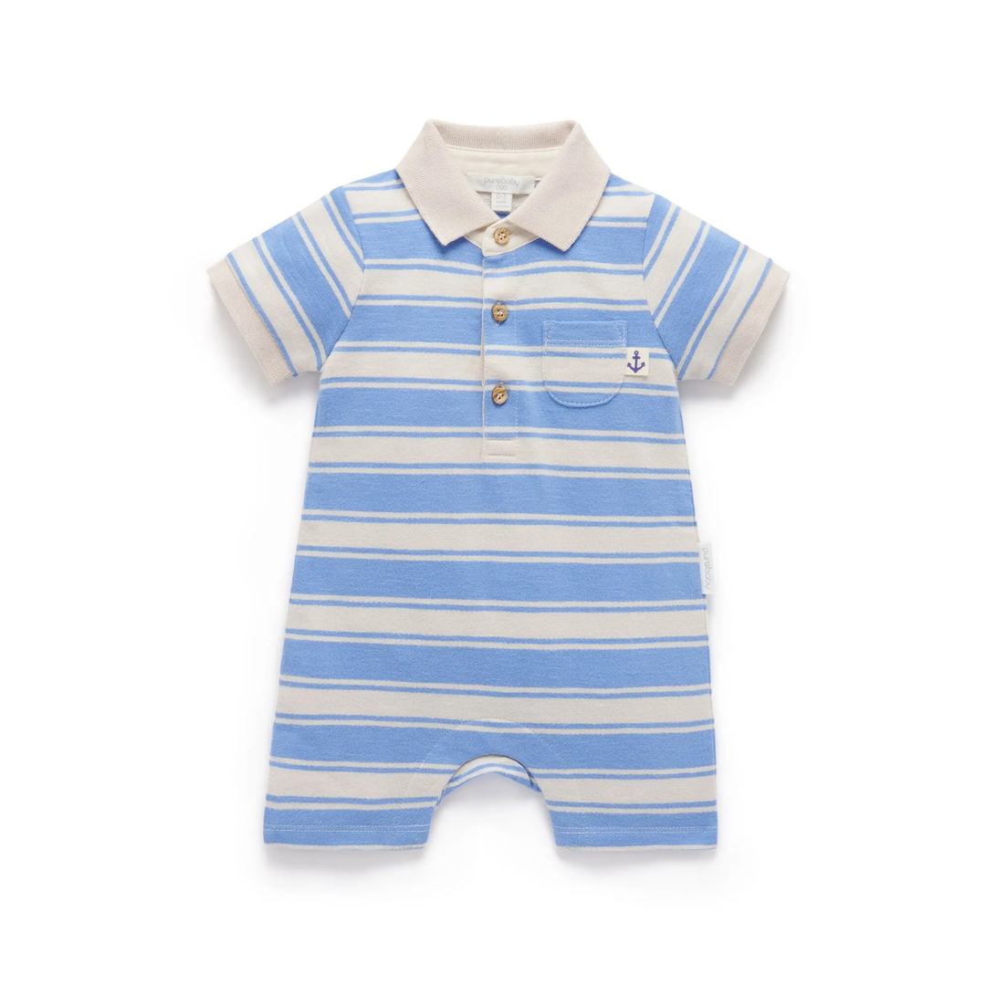 Purebaby Organic Striped Polo Growsuit - Ocean Stripe