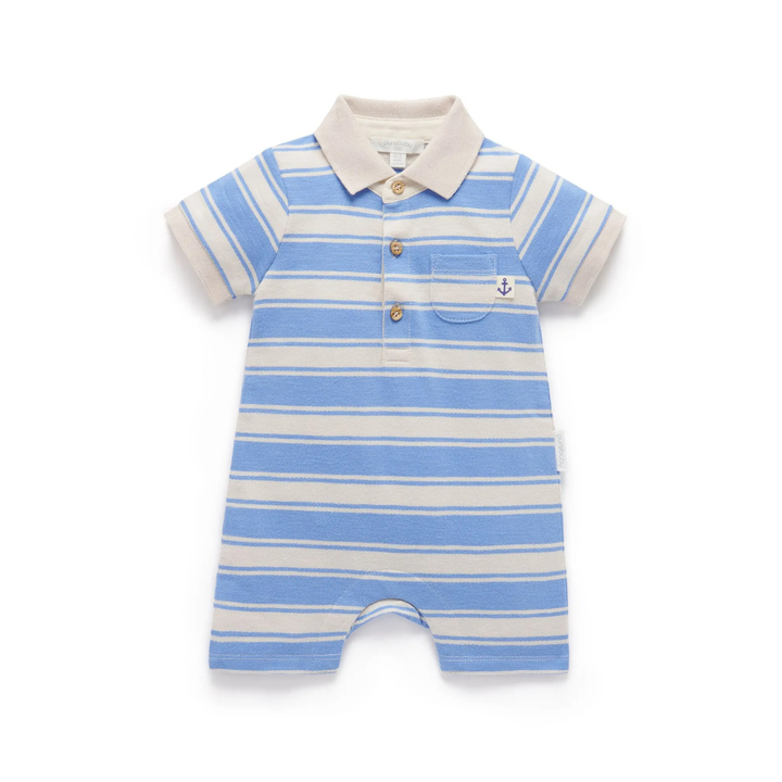Purebaby Organic Striped Polo Growsuit - Ocean Stripe
