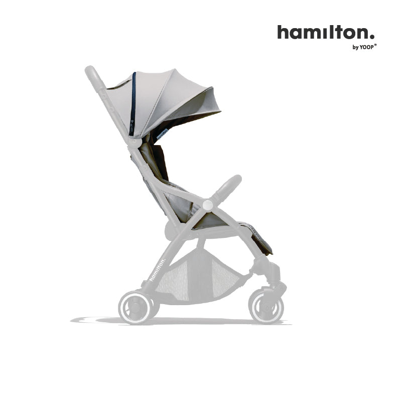 Hamilton X1 Plus Colour Pack in Sky Blue, canopy and seat pad shown on a greyed-out stroller frame