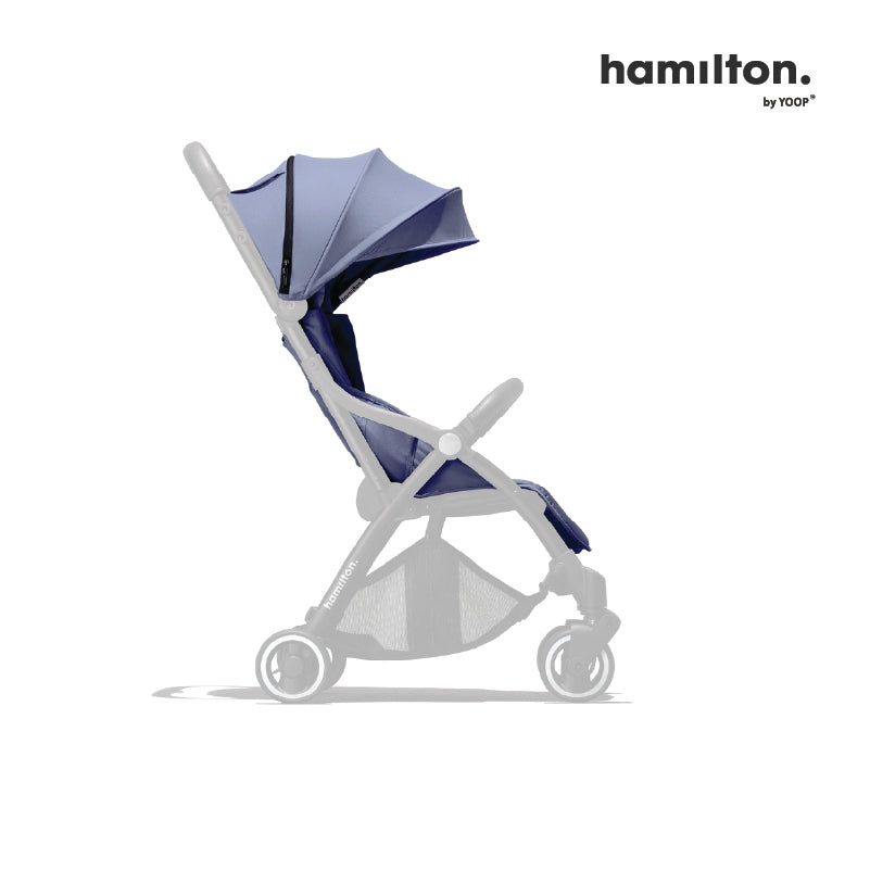 Hamilton X1 Plus Colour Pack in Indigo Blue, canopy and seat pad shown on a greyed-out stroller frame