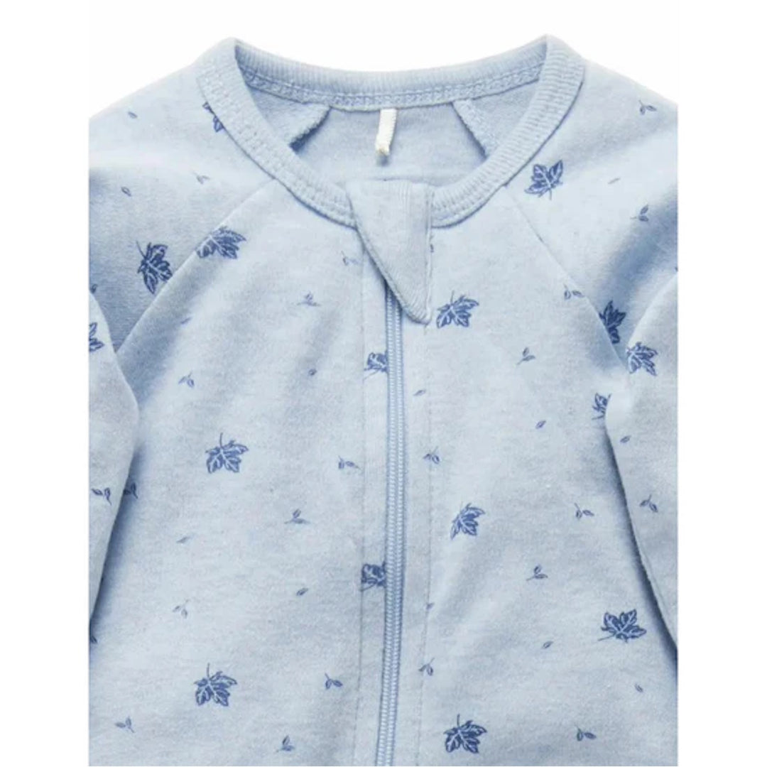 Purebaby Organic Zip Growsuit - Pale Blue Leaf (3-6m)