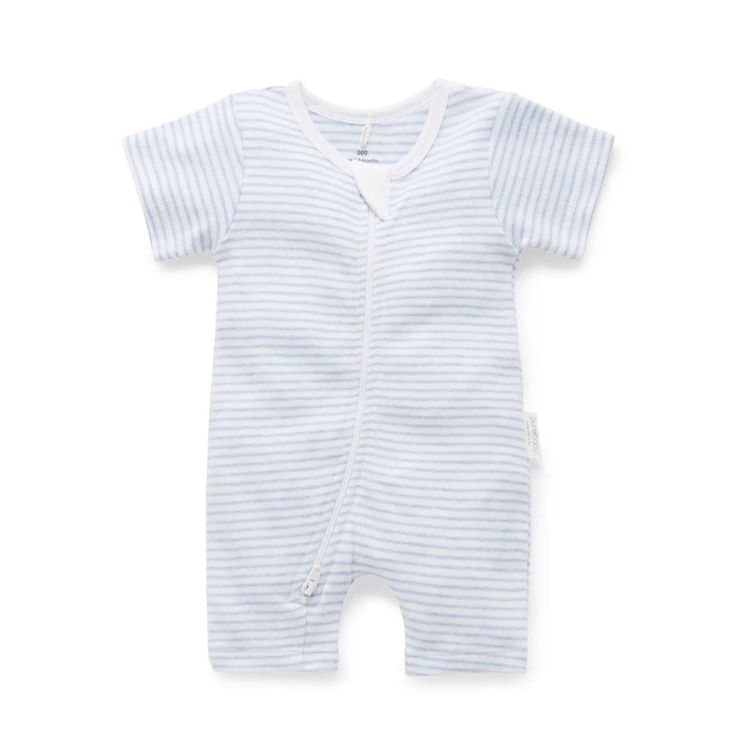 Purebaby Organic Short Leg Zip 6-12m Growsuit Unisex - Pale Blue Melange Stripe