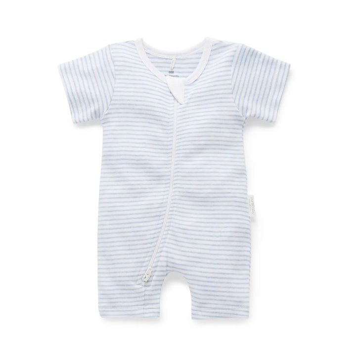 Purebaby Organic Short Leg Zip 6-12m Growsuit Unisex - Pale Blue Melange Stripe