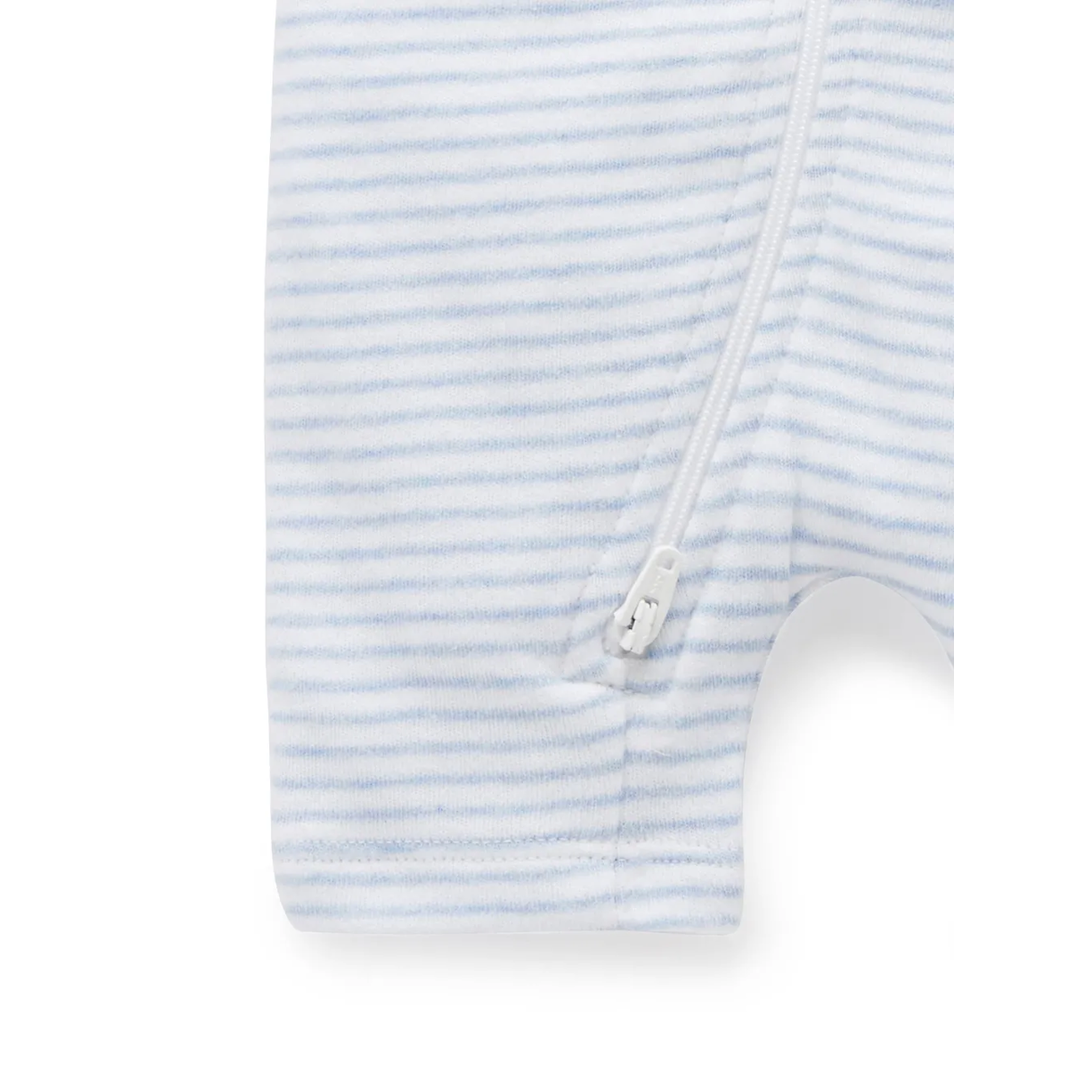 Purebaby Organic Short Leg Zip 6-12m Growsuit Unisex - Pale Blue Melange Stripe