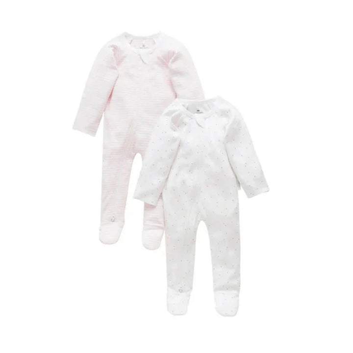 Purebaby Organic 2 Pack Zip 6-12m Growsuit - Pale Pink Set (Polka dot and stripe)