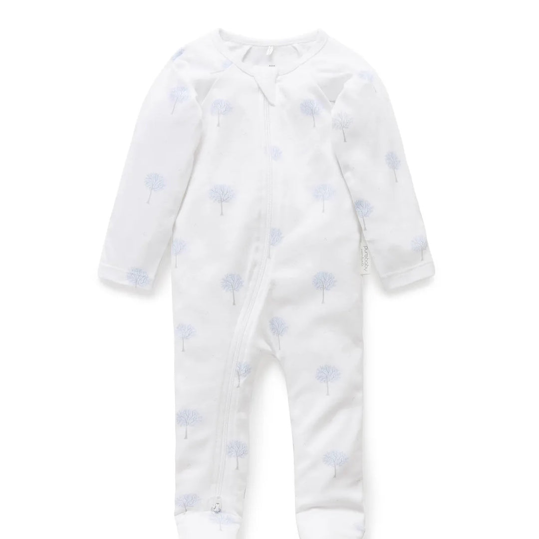 Purebaby Organic Zip Growsuit Pale Blue Tree (6-12m)