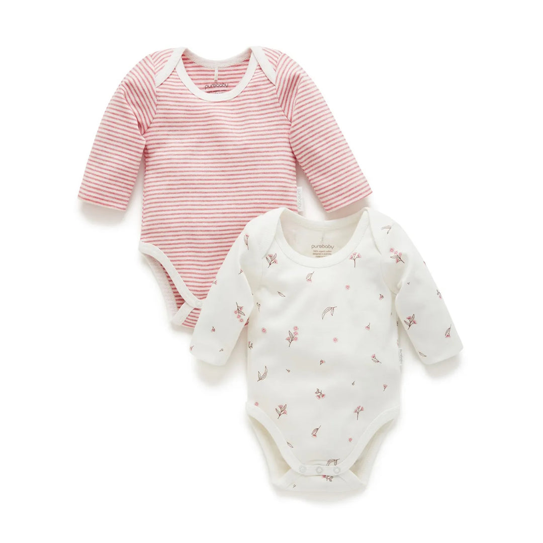 Purebaby Organic 2 Pack Easy Neck L/S Bodysuit - Vanilla Blossom Pack (3-6m)