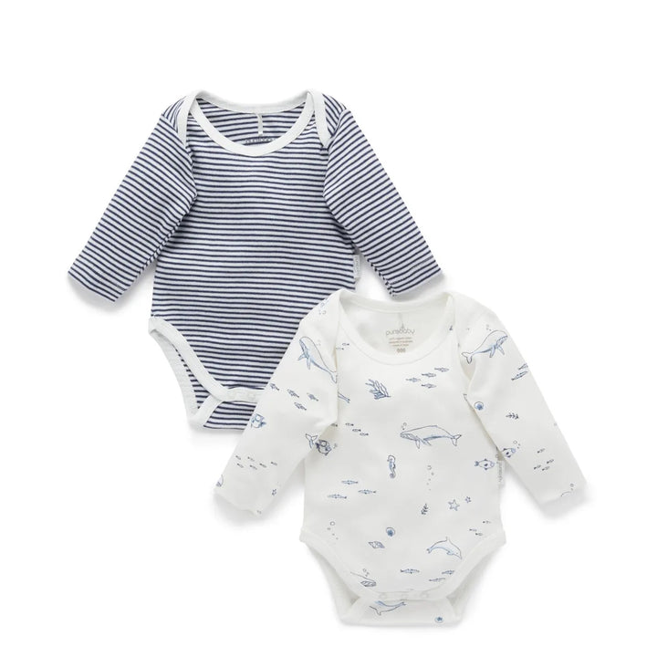 Purebaby Organic 2 Pack Easy Neck L/S Bodysuit - Vanilla Nautical (3-6m)