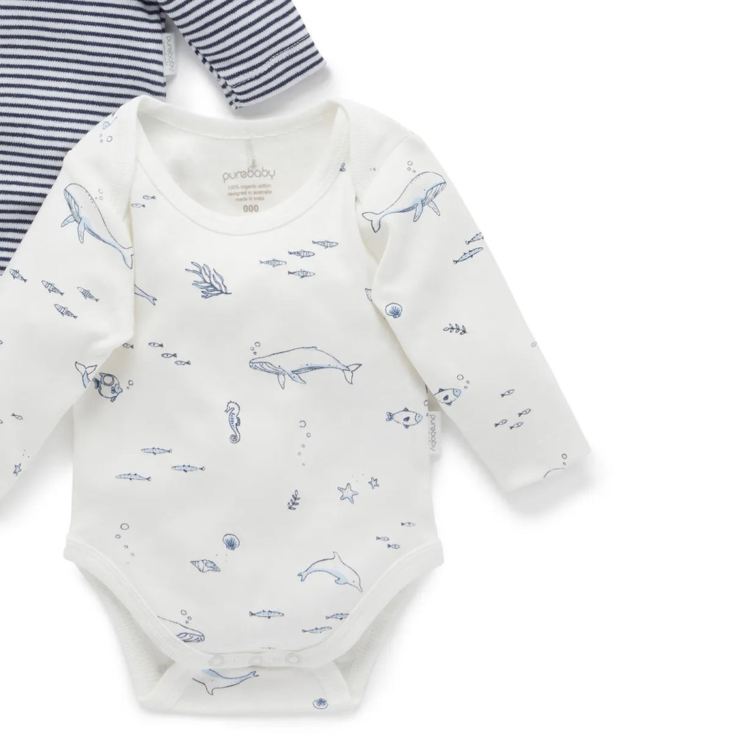 Purebaby Organic 2 Pack Easy Neck L/S Bodysuit - Vanilla Nautical (3-6m)