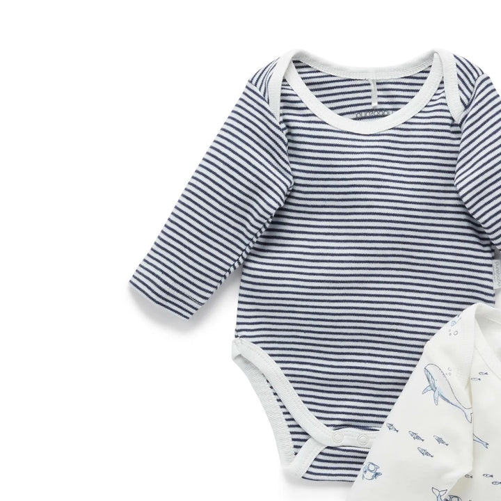 Purebaby Organic 2 Pack Easy Neck L/S Bodysuit - Vanilla Nautical (3-6m)