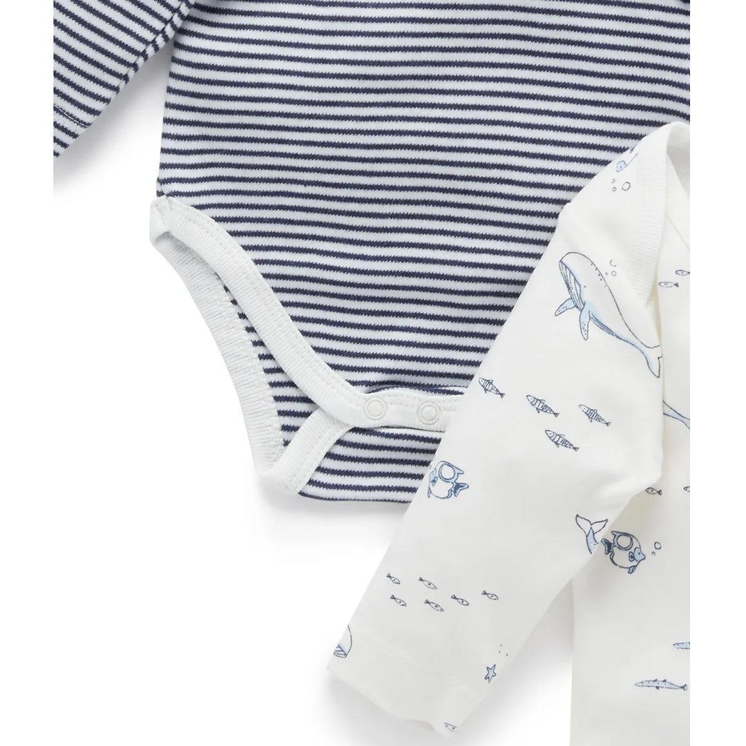 Purebaby Organic 2 Pack Easy Neck L/S Bodysuit - Vanilla Nautical (3-6m)