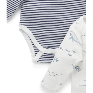 Purebaby Organic 2 Pack Easy Neck L/S Bodysuit - Vanilla Nautical (3-6m)