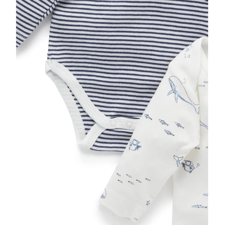 Purebaby Organic 2 Pack Easy Neck L/S Bodysuit - Vanilla Nautical (3-6m)