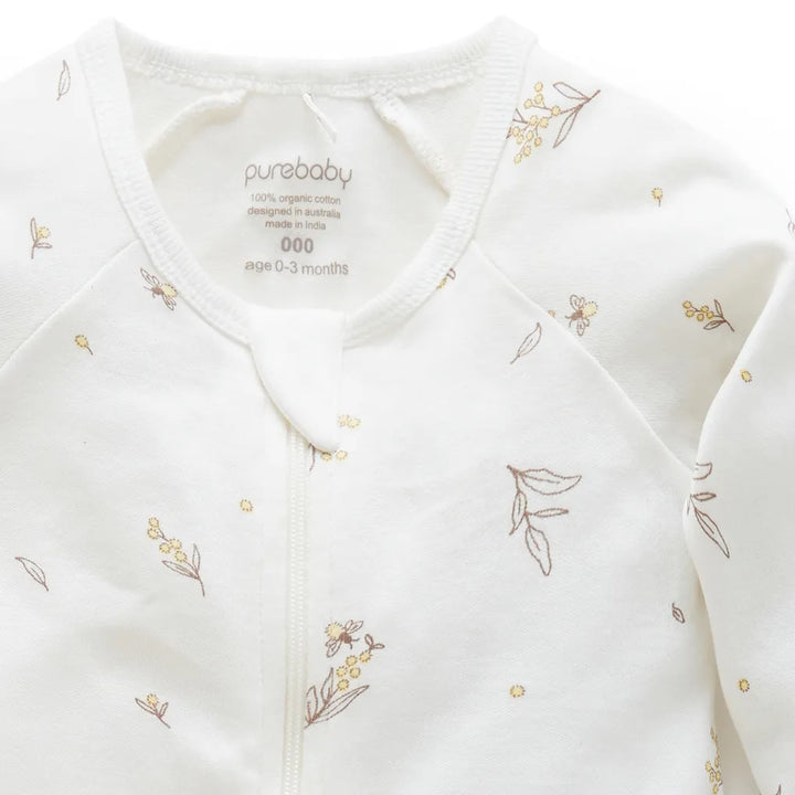 Purebaby Organic Zip Growsuit - Wattle Bee (3-6m)