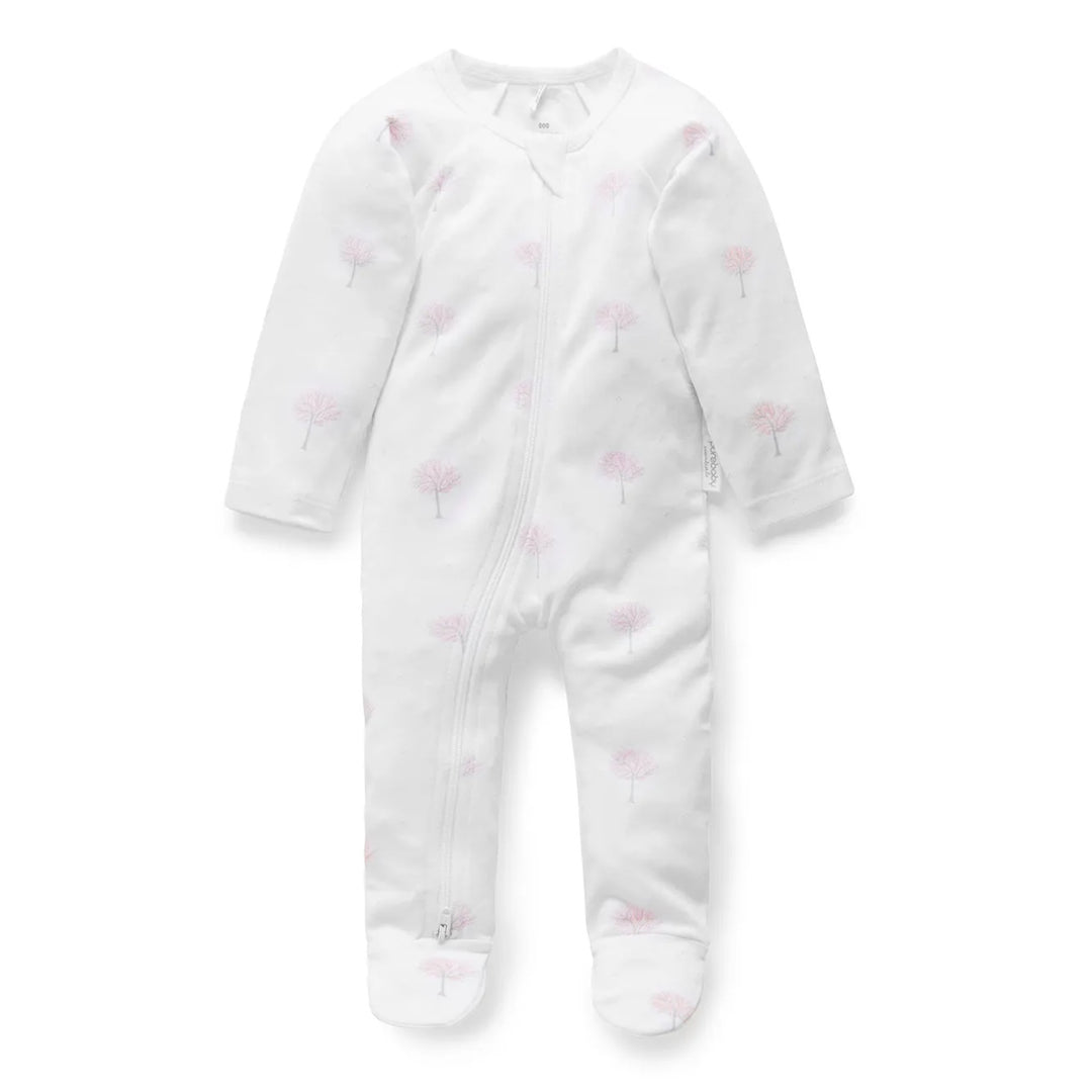 Purebaby Organic Zip Growsuit - Pale Pink Tree Print
