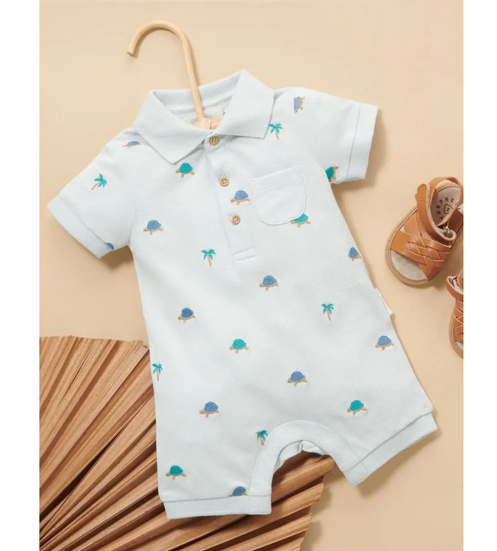 Purebaby Organic Polo Growsuit - Turtle Broderie (1Y)