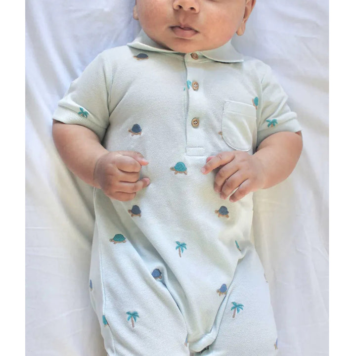 Purebaby Organic Polo Growsuit - Turtle Broderie (1Y)