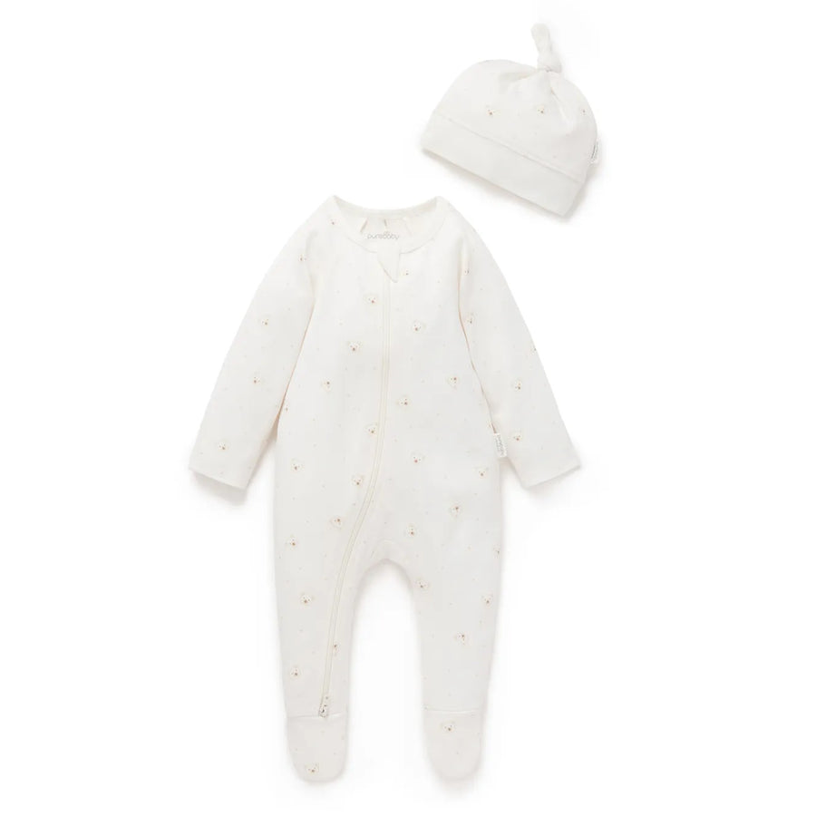 Purebaby Organic Zip Growsuit & Hat Set - Vanilla Bear