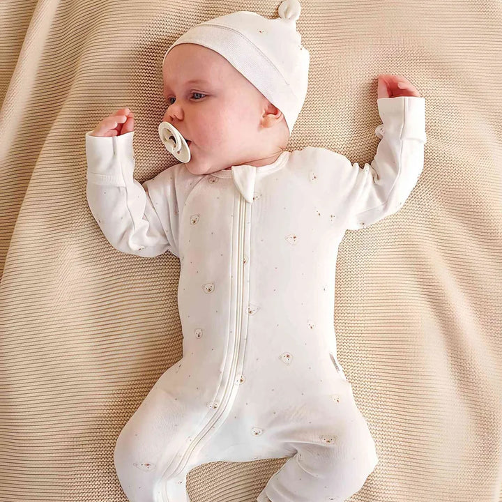 Purebaby Organic Zip Growsuit & Hat Pack - Vanilla Bear