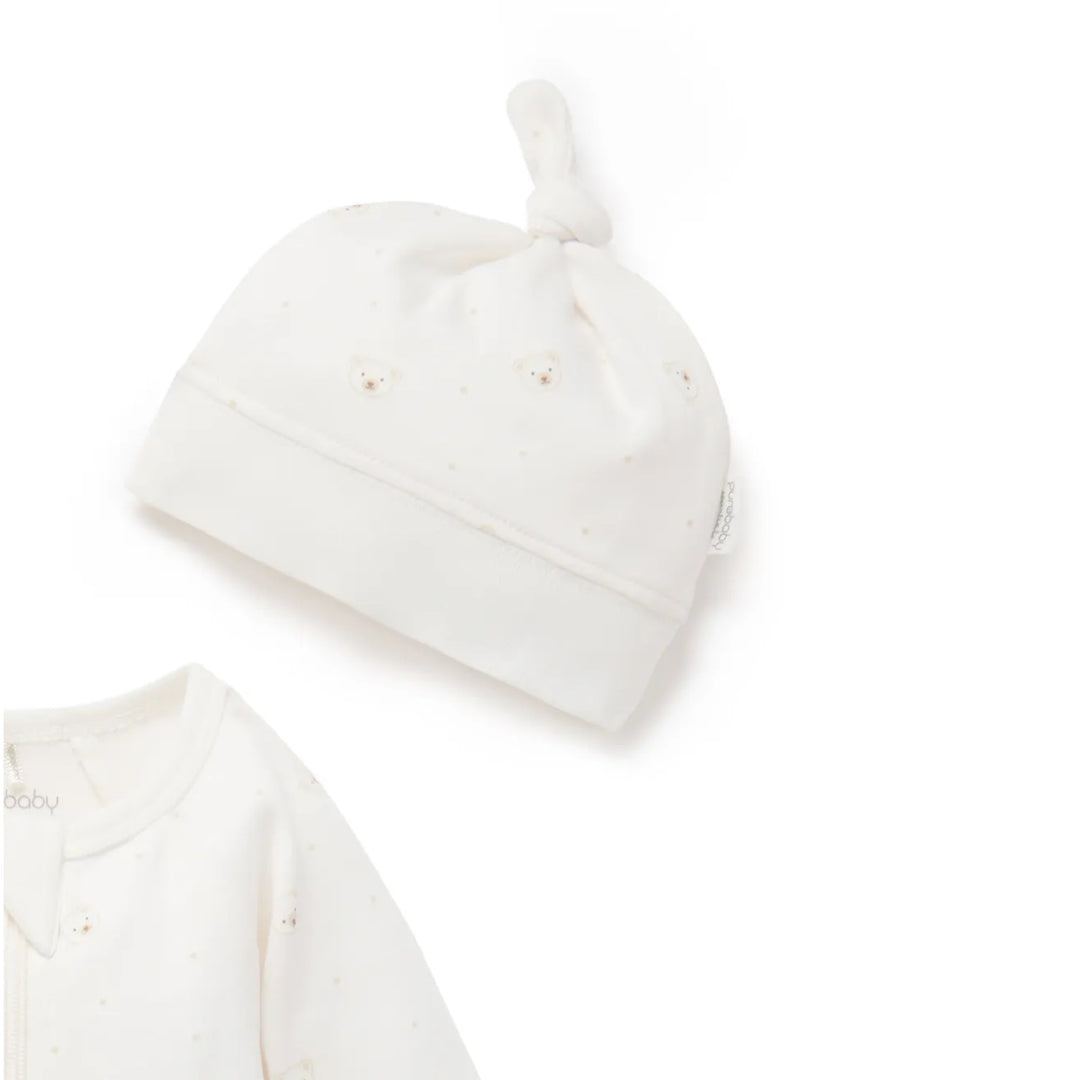 Purebaby Organic Zip Growsuit & Hat Pack - Vanilla Bear