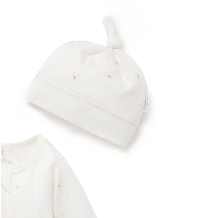 Purebaby Organic Zip Growsuit & Hat Pack - Vanilla Bear