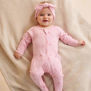 Purebaby Organic Zip Growsuit & Headband Pack - Pale Pink Blossom