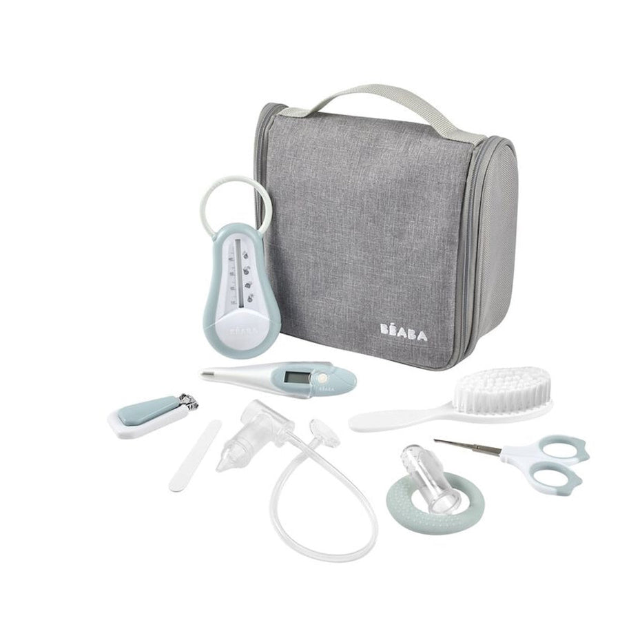 BEABA baby grooming set, 9 accessories in a hanging toiletry pouch - blue