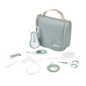 BEABA baby grooming set, 9 accessories in a hanging toiletry pouch - sage green