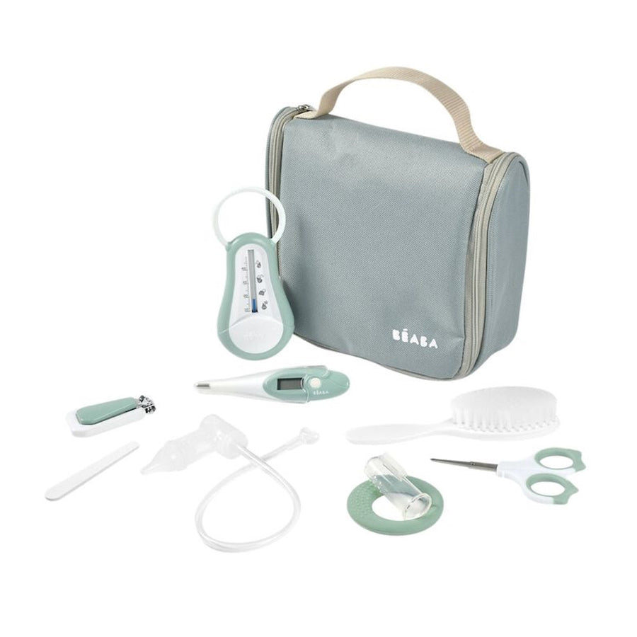 BEABA baby grooming set, 9 accessories in a hanging toiletry pouch - sage green