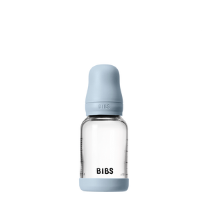 BIBS Baby Glass Bottle 120ml Baby Blue with cap on