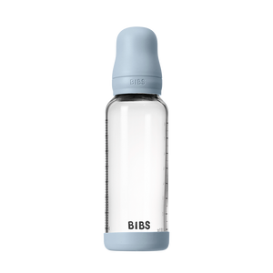BIBS Baby Glass Bottle 240ml Baby Blue with cap on
