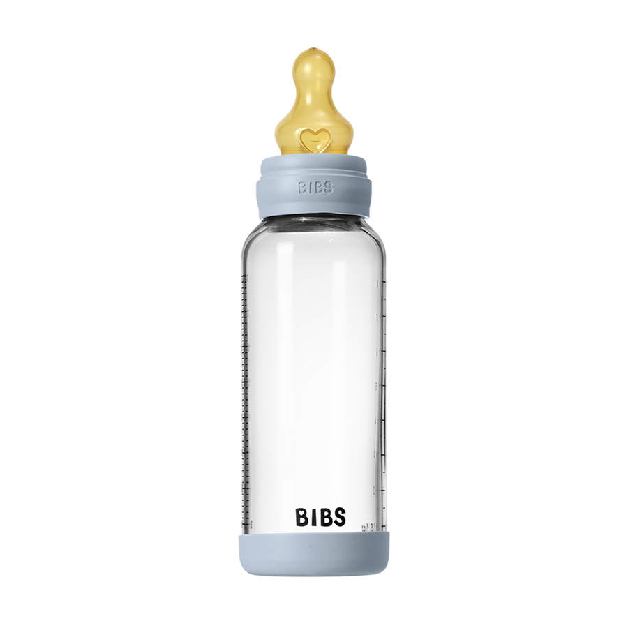 BIBS Baby Glass Bottle 240ml latex medium flow, Baby Blue