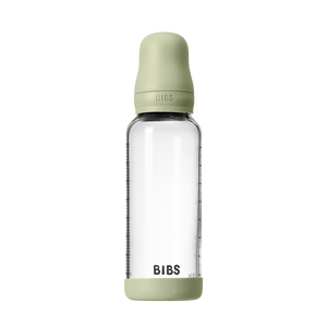 BIBS Baby Glass Bottle 240ml Sage with cap on