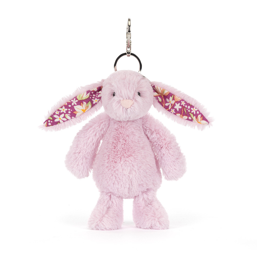 Jellycat Thistlepop Blossom Bunny Bag Charm attached to a bag